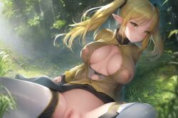 ai_generated blonde_hair breasts breasts_out breasts_out_of_clothes elf elf_ears elf_female elf_girl embarrassed flushed grass hentaigenerator.com large_breasts lying lying_on_back lying_on_ground nipples open_clothes open_shirt original_character outdoor outdoor_nudity outdoors outside red_eyes see-through_clothing see-through_shirt see-through_top