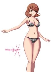 1girls alternate_costume artist_signature atlus black_bra black_panties bra breasts brown_eyes brown_hair clothing female female_only legs_together matching_underwear panties persona persona_3 short_hair solo sonicheroxd white_background wide_hips yukari_takeba