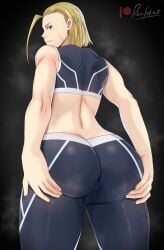 1girls anus_outline artist_name blue_eyes cammy_white capcom colored devilukez face_scar female female_only fit_female fully_clothed fully_clothed_female grabbing_own_ass looking_back muscular_arms muscular_back muscular_female pussy_outline short_hair solo street_fighter street_fighter_6 thick_thighs yellow_hair yoga_pants