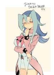 1girls blue_hair clothing dntks edit female huge_breasts kamishiro_rio legwear looking_at_viewer red_eyes ribbon rio_kamishiro solo text voluptuous yu-gi-oh! yu-gi-oh!_zexal