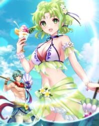 1boy 1girls abs alternate_costume armband axe bikini bracelet breasts circlet cleavage cup ephraim_(fire_emblem) ephraim_(summer)_(fire_emblem) female female female_focus fire_emblem fire_emblem:_the_sacred_stones fire_emblem_heroes flower frilled_armband frilled_bikini frills green_eyes green_hair green_sarong hair_flower hair_ornament hair_tie halterneck highres holding holding_axe holding_cup holding_umbrella jewelry kakiko210 l'arachel_(fire_emblem) l'arachel_(summer)_(fire_emblem) looking_at_viewer male medium_breasts multicolored_clothes multicolored_swimsuit navel nintendo official_alternate_costume parasol parfait partially_submerged sarong smile solo_focus sun swimsuit umbrella white_bikini white_swimsuit