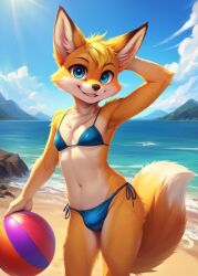 1boy ai_generated animal_nose anthro beach beach_ball bikini blue_bikini blue_eyes blue_sky body_fur bra crossdressing damnblackfox day fox_boy furry furry_male girly looking_at_viewer male_focus original penis_in_panties public short_hair sky smile solo standing swimsuit tail underwear