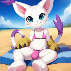 1boy ai_generated animal_nose anthro balls_in_panties beach beach_towel bikini blue_eyes blue_sky body_fur bra crossdressing damnblackfox day digimon gatomon girly gloves long_tail looking_at_viewer male male_focus penis_in_panties pink_bikini public sitting sky smile solo swimsuit underwear white_fur