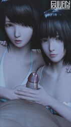 2girls1boy double_handjob fatal_frame fatal_frame_2 foulveins looking_at_viewer mayu_amakura mio_amakura partial_male sisters