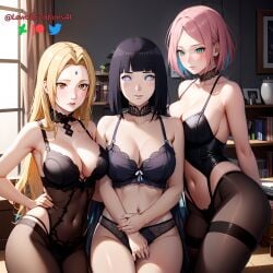 3girls ai_generated big_breasts black_hair blonde_hair boruto:_naruto_next_generations breasts brown_eyes choker female female_only gray_eyes green_eyes hand_on_hip haruno_sakura hyuuga_hinata jordan53 lewdcreationsai lingerie looking_at_another looking_at_viewer looking_down multiple_girls naruto naruto_(series) navel panties pantyhose pink_hair sakura_haruno thick_thighs tsunade white_eyes