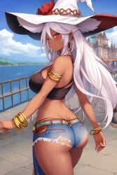 ai_generated arm_band big_ass big_butt bracelet crop_top dark_skin from_behind jeans_shorts large_breasts long_hair milf oc original_character red_eyes smile smirk thighs white_hair witch witch_hat