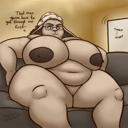 anthro areola big_breasts black_areola black_nipples blue_eyeshadow breasts brown_hair buckteeth dialogue eyeshadow eyewear female fur furniture genitals glasses green_eyes grey_body grey_fur hair hi_res huge_breasts lagomorph leporid makeup mama_rabbit_(tmftw) mammal navel nipples nude onomatopoeia overweight overweight_female oystercatcher7 pussy rabbit sitting sofa solo sound_effects spread_legs spreading stretch_marks teeth text the_man_from_the_window thick_thighs wide_hips zed_technician_games