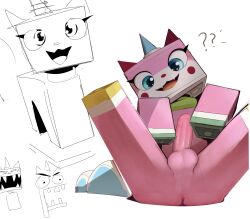 2023 anus ass balls blue_eyes domestic_cat felid feline felis feral genitals hi_res horn hybrid looking_at_viewer male mammal nude open_mouth open_smile penis pink_body question_mark simple_background smile smiling_at_viewer solo the_lego_movie twang unikitty white_body