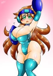 1girls armpits arms_up big_ass big_breasts brown_hair green_eyes helmet large_ass large_breasts long_hair mega_man mega_man(classic) mega_man_(character) roco_(sulfer-kokegitsune) rule_63 solo sulfer-kokegitsune tagme thick_thighs thighhighs very_long_hair