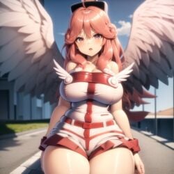 ahoge ai_generated angel angel_wings asymmetrical_wings bangs bare_shoulders blurry blurry_background blurry_foreground blush breasts day depth_of_field duel_monster feather_hair feathered_wings feathers female flying focused head_wings injection_fairy_lily large_breasts large_wings long_hair looking_at_viewer low_wings motion_blur open_mouth pink_eyes pink_hair pink_wings single_wing sitting spread_wings stadium thick thick_thighs thighs white_feathers white_wings wings yu-gi-oh!