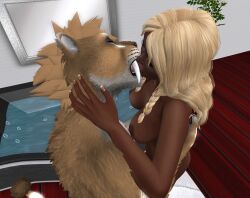 amani amani_the_shaman bathroom breasts closed_eyes french_kissing human kissing lioness naked nipples open_mouth saberteeth sabertooth second_life tongue_in_mouth