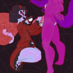 absurd_res anthro arachnid arthropod bisamon duo female flat_chest flat_chested hi_res male male/female mammal muffet prostate_stimulation spider undertale undertale_(series)