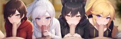 ai_generated bedroom_eyes black_hair blake_belladonna blonde_hair blowjob blue_eyes cat_ears female grey_eyes group_sex looking_at_viewer male multicolored_hair multiple_boys multiple_girls oral_sex orgy purple_eyes rooster_teeth ruby_rose rwby weiss_schnee white_hair yang_xiao_long yellow_eyes