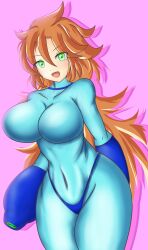 1girls artist_request big_breasts bodysuit brown_hair female green_eyes large_breasts long_hair mega_man mega_man(classic) mega_man_(character) navel panties roco_(sulfer-kokegitsune) rule_63 solo tagme thong tight_clothing wide_hips