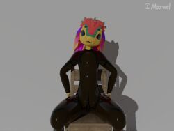 2023 anthro avali biped blender_(software) blender_cycles bondage bondage bound chair clothing ears_down furniture hair hi_res male maxwelavali multicolored_ears open_mouth pivoted_ears rainbow_ears red_hair red_kitters rubber rubber_clothing rubber_suit sitting solo spread_legs spreading teeth tilting_head zipties