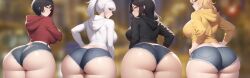 ai_generated big_ass black_hair blake_belladonna blonde_hair blue_eyes booty_shorts denim_shorts grey_eyes hoodie matching_outfit multicolored_hair pawg purple_eyes rooster_teeth ruby_rose rwby thick_thighs weiss_schnee white_hair yang_xiao_long yellow_eegs