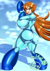 1girls arutesu_ara back_view big_ass big_breasts bodysuit brown_hair commission female fit_female green_eyes huge_ass huge_breasts large_ass large_breasts long_hair looking_at_viewer looking_back mega_man mega_man(classic) mega_man_(character) open_mouth rear_view roco_(sulfer-kokegitsune) rule_63 skeb_commission smile solo tagme thick_ass thick_thighs very_long_hair