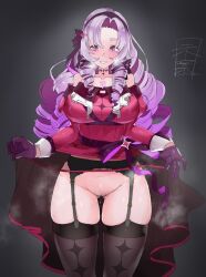 ass_visible_through_thighs bare_shoulders black_thighhighs blush breasts claw_ring drill_hair female female_pubic_hair garter_belt garter_straps gloves grin groin hairband hyakumantenbara_salome large_breasts lifted_by_self mian nijisanji no_panties pubic_hair purple_eyes purple_gloves purple_hair pussy_juice smile solo tattoo thighhighs virtual_youtuber