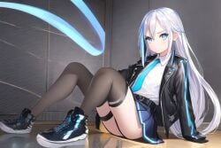 ai_generated black_socks blue_eyes blue_tie buildings collared_shirt futuristic hentaigenerator.com jacket long_hair open_jacket original_character short_skirt sitting skirt sneakers socks thigh_socks thighhighs tie white_hair white_shirt