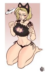 1girls abs bell blonde_hair blue_eyes boob_window breasts cammy_white cat_ears cat_lingerie cat_pose choker clothed embarrassed female female_only kneeling lingerie scar scruffyturtles solo street_fighter tagme thick_thighs