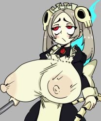 1girls areolae big_breasts bloody_marie blush blushing breasts eyebrows eyelashes eyeshadow female female_only gonzalo_costa inakotho large_breasts maid maid_apron maid_uniform nipples nipples_visible_through_clothing ponytails red_eyes skullgirls solo solo_female solo_focus