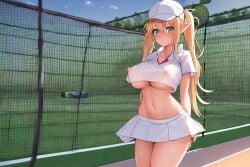 ai_generated blonde_hair blue_eyes cap crop_top cropped_shirt hat hentaigenerator.com large_areolae large_breasts long_hair original_character shirt standing tennis tennis_outfit tennis_uniform twintails underboob