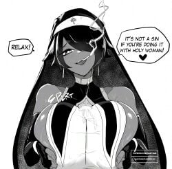 absurdres big_breasts blush breast_squish breasts breasts_squeezed_together busty cigarette cum cum_through_clothes dark-skinned_female dark_skin ejaculation female greyscale heart highres holding_breast large_breasts monochrome nun nun's_habit nun_hat nun_outfit original paizuri paizuri_under_clothes sakino_yumeko sideboob smoking titfuck titjob veil