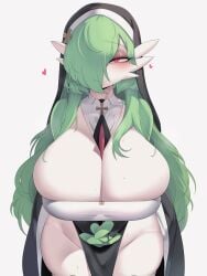 absurd_res anthro areola big_breasts blush breasts cervina7_(artist) female gardevoir generation_3_pokemon green_hair hair hi_res huge_breasts looking_at_viewer nintendo nipples nun nun_gardevoir_(cervina7) nun_outfit open_mouth pink_areola pink_nipples pokemon pokemon_(species) red_eyes simple_background smile solo white_body