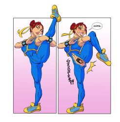 accidental_exposure blue_bodysuit blush bodysuit capcom chun-li darkexpiration embarrassed embarrassed_nude_female enf exposed_pussy hair_buns leg_up pubes pubic_hair pussy street_fighter street_fighter_alpha stretching wardrobe_malfunction