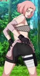 1girls ass ass_grab barely_clothed big_ass bike_shorts breasts cameltoe darkuro_27 elbow_pads female female_only forest from_behind gloves grabbing_own_ass green_eyes haruno_sakura kunoichi looking_at_viewer looking_back miniskirt naruto naruto_(series) naruto_shippuden ninja nipples outdoors petite pink_hair presenting presenting_ass round_ass sakura_haruno sideboob skirt small_breasts solo solo_focus tubetop