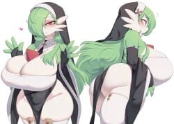 1girls absurd_res alternate_hairstyle anthro ass bottomless breasts cervina7_(artist) dat_ass elbow_gloves female gardevoir going_commando green_hair hair_over_one_eye huge_ass huge_breasts long_hair nintendo nun nun's_habit nun_gardevoir_(cervina7) nun_outfit pokémon_(species) pokemon pokemon_(species) red_eyes thick_thighs thighhighs white_background white_body