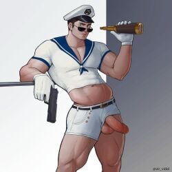 abs bara biceps boner bulging_biceps caucasian caucasian_male chris_redfield crop_top erect_penis erection gay gay_male hard_on looking_at_viewer male male_only muscles muscular muscular_male pecs penis_out penis_through_leghole resident_evil sailor_uniform short_shorts smooth_chest smooth_skin solo standing teasing thick_thighs veiny_penis vir_vidal