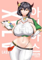 1girls ajax_(last_origin) bell belly_button black_hair bovine_humanoid breasts clothed clothing cow_girl cow_horns darkvil female female_only horns huge_breasts last_origin light-skinned_female light_skin notepad sideboob skimpy_clothes solo yellow_eyes