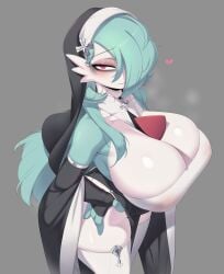 1girls absurd_res alternate_hairstyle anthro blue_hair breasts cervina7_(artist) female gardevoir hair_over_one_eye huge_breasts long_hair nintendo nun nun's_habit nun_gardevoir_(cervina7) nun_outfit pokemon pokemon_(species) red_eyes shiny_gardevoir shiny_pokemon white_body