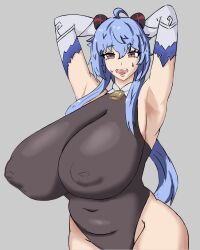 1girls and armpits arms_behind_head blue_hair breasts breasts_bigger_than_head clothed clothed_female female female_only ganyu_(genshin_impact) genshin_impact huge_breasts long_hair nipples_visible_through_clothing open_mouth open_smile rag_prime smile solo