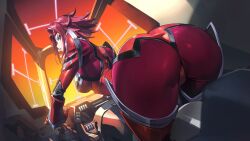 1girls arched_back armor ass_focus ass_grab ass_up big_ass big_butt blue_eyes bodysuit breasts bubble_ass bubble_butt clothing cockpit code_geass code_geass:_genesic_re;code crotch_seam dat_ass female from_behind headband highres human iwao178 kallen_stadtfeld kozuki_kallen large_ass leaning_forward looking_back_at_viewer machine massive_ass massive_butt mecha official_art paag pale_skin parted_bangs red_bodysuit red_hair seductive seductive_look seductive_pose short_hair shoulder_armor shoulder_pads solo solo_female solo_focus straddling sunlight thick_thighs thighhighs