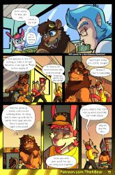 absurd_res anthro bax_(monkeydbax) bear comic detailed_background dialogue english_text facial_hair felid gift_box gift_wrapped goatee hair haplorhine hi_res holding_object hybrid johnny_bunny karou_(thekbear) lagomorph leporid lion male male_anthro mammal monkey page_19 pantherine primate rabbit red_hair size_difference text thekinkybear url