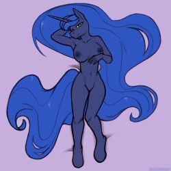 <3_eyes 1:1 2023 5_fingers anthro anthrofied areola bedroom_eyes big_breasts blue_areola blue_body blue_hair blue_nails blue_nipples blue_tail breasts colored_nails digital_media_(artwork) equid equine female fingers friendship_is_magic genitals hair hasbro heart hi_res hooves horn kirasunnight long_hair long_horn looking_at_viewer mammal my_little_pony nails narrowed_eyes navel nipples princess_luna_(mlp) purple_background pussy seductive simple_background smile solo tail unicorn unicorn_horn