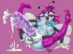 2022 antennae_(anatomy) anthro big_penis black_eyes color_background commission commission_art cum cumming detailed disney ejaculation eyes_rolled_up fingering_ass fingering_self fleshlight freckles freckles_on_ass futa_only futanari insect_girl insect_wings looking_pleasured magenta_background maggie_pesky masturbation multi_arm multi_limb open_smile sex_toy_penetration sex_toys shirt_only simple_background small_breasts socks_only the_buzz_on_maggie tongue_out torule34 two-handed_masturbation watermark