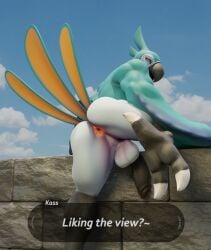 3d_(artwork) anthro anus arm_markings ass avian avian_feet backsack balls beak black_beak black_penis blue_body blue_feathers blue_sky breath_of_the_wild brick_wall cloud digital_media_(artwork) english_text facial_markings feathers genitals grey_brick head_feathers head_markings hi_res kass_(tloz) leaning leaning_forward leg_markings looking_at_viewer looking_back male markings multicolored_body muscular muscular_anthro muscular_male nintendo nude orange_eyes outside penis pink_anus presenting presenting_hindquarters puckered_anus raised_leg rear_view rito setrixart sky solo tail_feathers talons text text_box the_legend_of_zelda thigh_markings wall_(structure) white_balls white_body white_talons winged_arms wings worn_wall yellow_body yellow_feathers