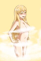 1girls alternate_version_available blonde_hair blush blush_lines completely_nude completely_nude_female female female_only gamers! long_hair looking_at_viewer naked naked_female nude nude_female open_mouth open_smile smile solo solo_female steam steam_censor tendou_karen zetta_(artist)