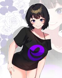 1girls anime_style bare_shoulder big_breasts black_hair bottomless clothed evon_(executor) evon_chan female female_only hand_on_thigh light-skinned_female logo logo_on_clothes looking_at_viewer no_pants purple_eyes roblox shirt smile smiling_at_viewer thighs