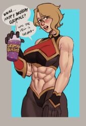 1girls abs big_breasts blonde_hair clothed dialogue female female_focus female_only fit_female grimace_shake holding_object looking_at_viewer mcdonald's muscular muscular_female solo solo_focus tagme titobeansz wide_hips