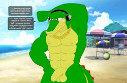 abs absurd_res anthro beach blush collar collar_only crocodile crocodilian crocodylid embarrassed embarrassed_nude_male exhibitionism flaccid flashing genitals hi_res male male_only meteorsmash muscular muscular_anthro muscular_male nude penis reptile scalie seaside sega solo sonic_(series) sonic_the_hedgehog_(series) speech_bubble vector_the_crocodile