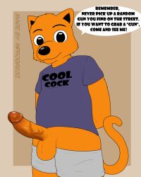 absurd_res anthro balls clothed clothing cool_cat cool_cat_(series) dialogue domestic_cat english_text erection felid feline felis genitals hi_res humanoid_genitalia humanoid_penis inprogress looking_at_viewer male male_solo mammal penis shirt smile solo t-shirt text topwear