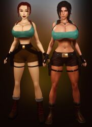 2girls 3d 3d_(artwork) alternate_breast_size belt belt_buckle big_hips bimbo boots breasts_bigger_than_head breasts_bigger_than_torso clothed clothed_female enormous_breasts female female_only female_solo fingerless_gloves gigantic_breasts gloves hips hourglass_figure huge_breasts huge_hips human human_female human_only human_solo lara_croft lara_croft_(classic) lara_croft_(survivor) large_hips legs looking_at_viewer massive_breasts nipples_visible_through_clothing short_shorts shorts slim_waist small_waist solo solo_female thin_waist tomb_raider tomb_raider_(survivor) top_heavy vaako wide_hips