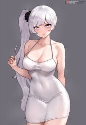 1girls blue_eyes bluefield breasts dress facial_scar female hips large_breasts light-skinned_female light_skin long_hair minidress png rwby side_ponytail simple_background thighs weiss_schnee white_hair