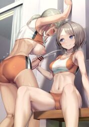 1futa 1girls against_wall ayanakitori bar_censor big_breasts big_penis blue_eyes breasts brown_hair casual casual_erection casual_exposure censored cleavage closed_eyes closed_mouth clothed clothing cum duo ejaculation erection female femdom fully_clothed futanari futasub grey_hair handjob highres human indoors light-skinned_female light-skinned_futanari light_skin looking_at_another medium_breasts midriff mostly_clothed multiple_girls navel nipples open_mouth original penis short_hair sitting smile sports_bra standing sweat tan tanlines