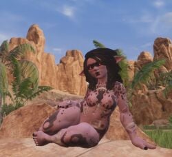 3d_(artwork) black_hair black_nails black_sclera breasts breasts conan_exiles exterior facepaint freckles_on_face goblin goblin_female oc purple_skin red_eyes scars shortstack tattoo thick_thighs video_game