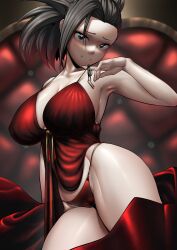 1girls alternate_version_available big_breasts black_eyes black_hair bottomwear breasts cleavage clothing dress female female_only hair hips huge_breasts maxlikeapicture momo_yaoyorozu my_hero_academia panties ponytail red_dress red_panties solo solo_female thick_thighs thighs yaoyorozu_momo